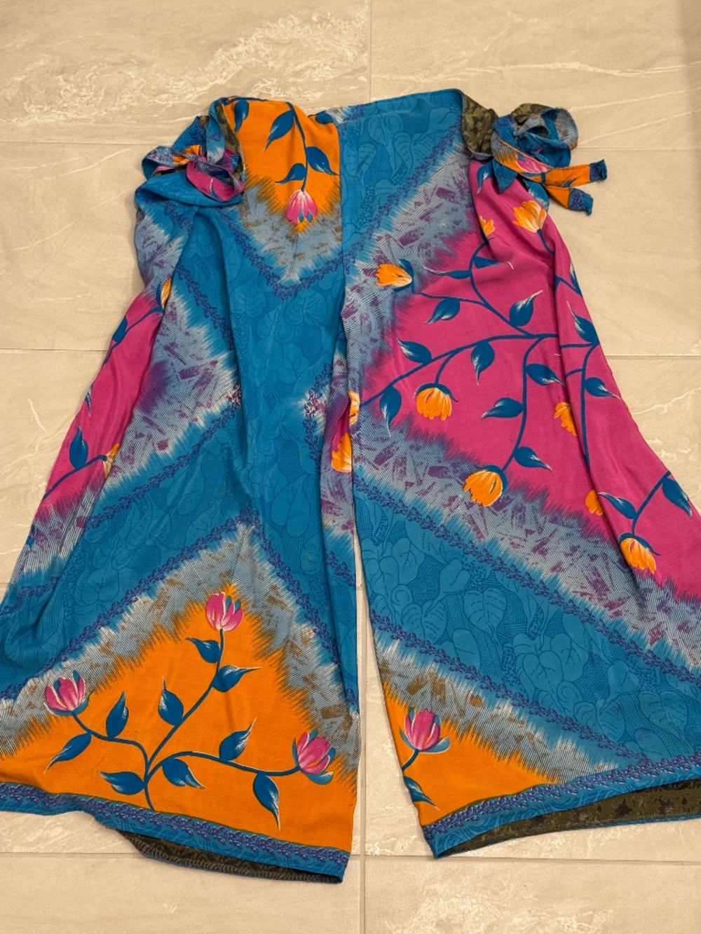Earthbound Trading Co 100% Silk Sari Magic Wrap Pants Boho Wide Leg Trousers
